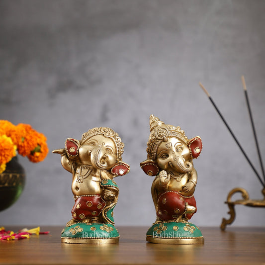 Baby Ganesha Brass Idols pair 5 " Stonework