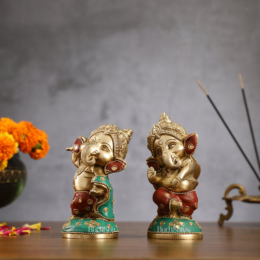 Baby Ganesha Brass Idols pair 5 " Stonework