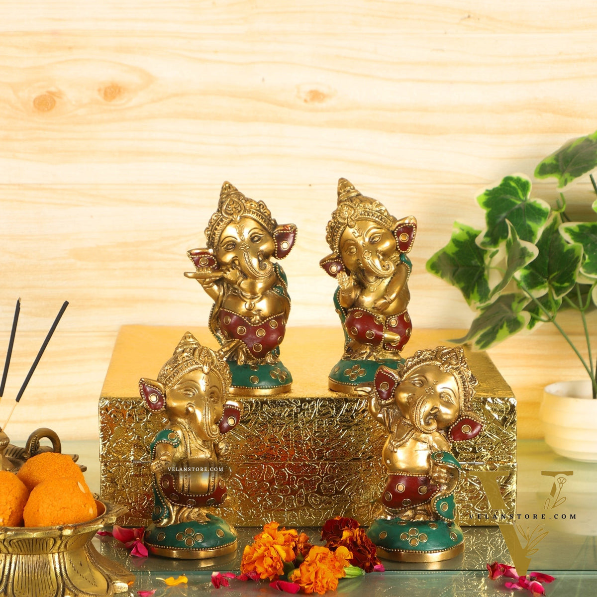 Baby Ganesha Brass Idols set 5 " Stonework