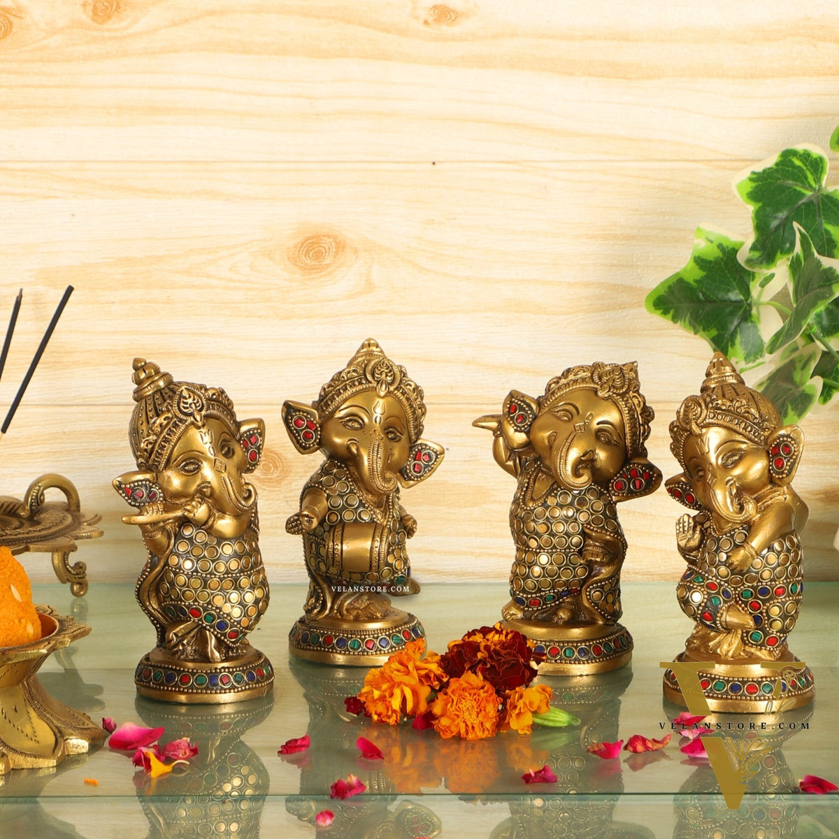 Baby Ganesha Brass Idols set 5 " Stonework
