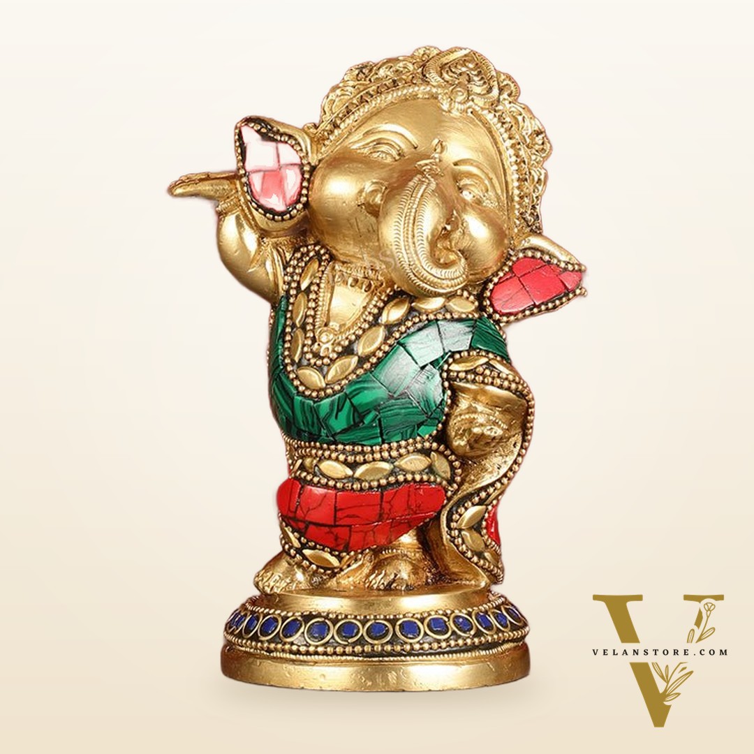 Baby Ganesha Dancing Brass Idol 5" Perfect for Office Desk, Study Table, Temple - stonework