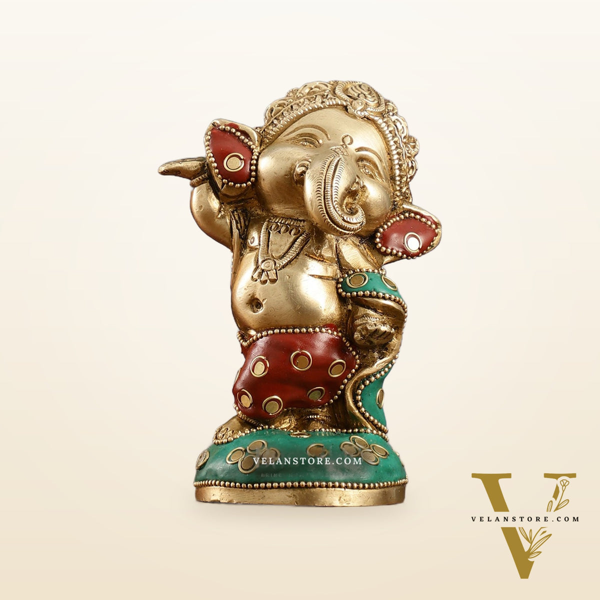 Baby Ganesha Dancing Brass Idol 5" Perfect for Office Desk, Study Table, Temple - stonework