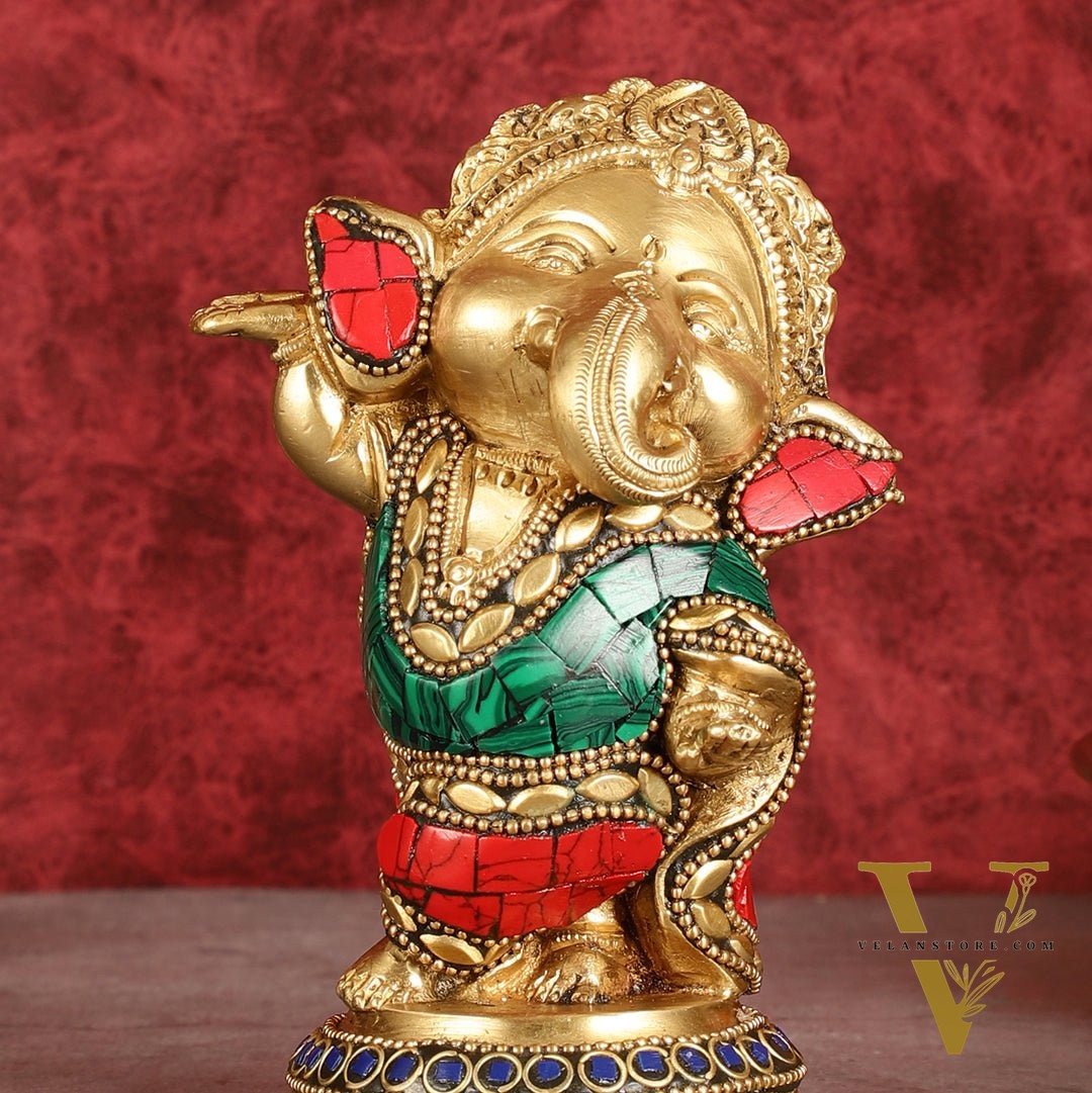 Baby Ganesha Dancing Brass Idol 5" Perfect for Office Desk, Study Table, Temple - stonework