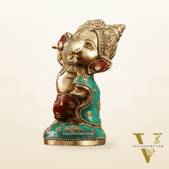 Baby Ganesha Dancing Brass Idol 5" Perfect for Office Desk, Study Table, Temple - stonework