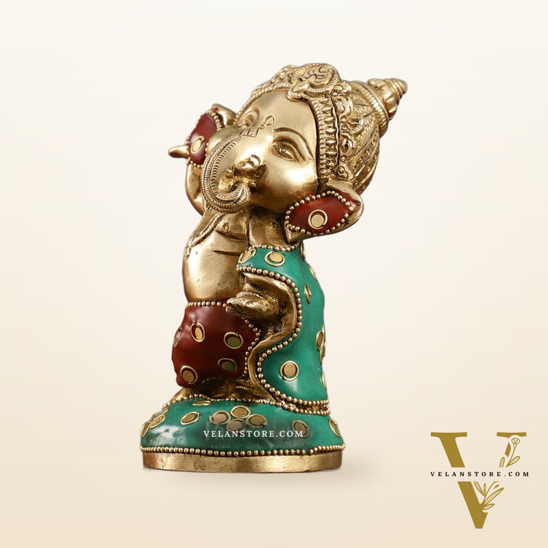 Baby Ganesha Dancing Brass Idol 5" Perfect for Office Desk, Study Table, Temple - stonework