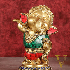 Baby Ganesha Dancing Brass Idol 5" Perfect for Office Desk, Study Table, Temple - stonework