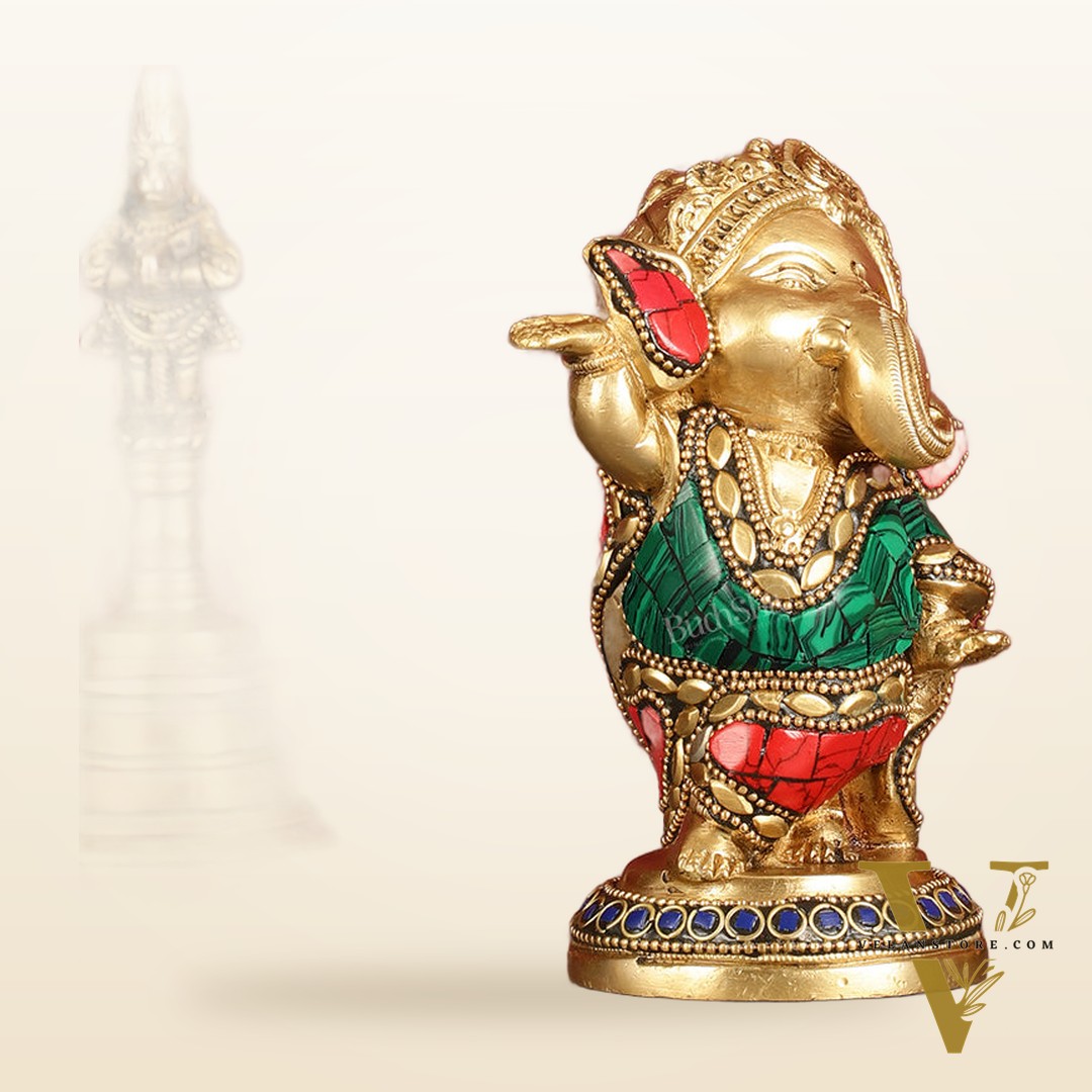 Baby Ganesha Dancing Brass Idol 5" Perfect for Office Desk, Study Table, Temple - stonework