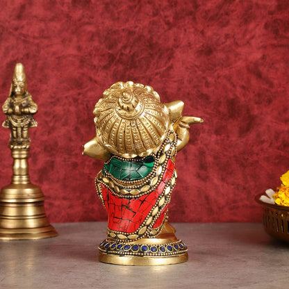 Baby Ganesha Dancing Brass Idol 5" Perfect for Office Desk, Study Table, Temple - stonework