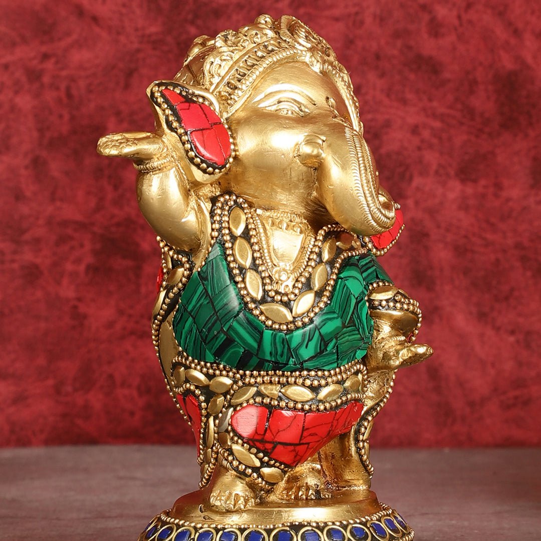 Baby Ganesha Dancing Brass Idol 5" Perfect for Office Desk, Study Table, Temple - stonework
