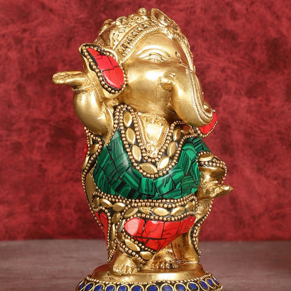 Baby Ganesha Dancing Brass Idol 5" Perfect for Office Desk, Study Table, Temple - stonework