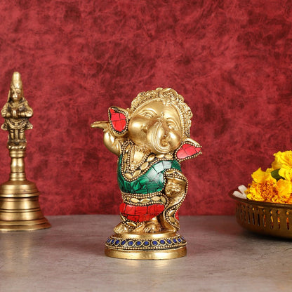 Baby Ganesha Dancing Brass Idol 5" Perfect for Office Desk, Study Table, Temple - stonework