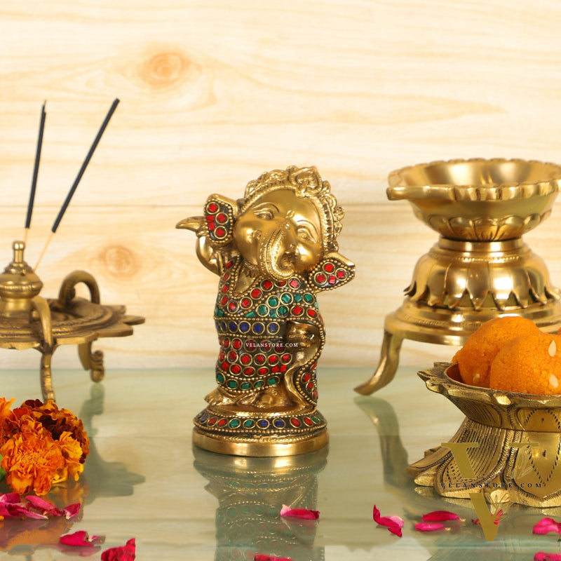 Baby Ganesha Dancing Brass Idol 5" Stonework and brass rings