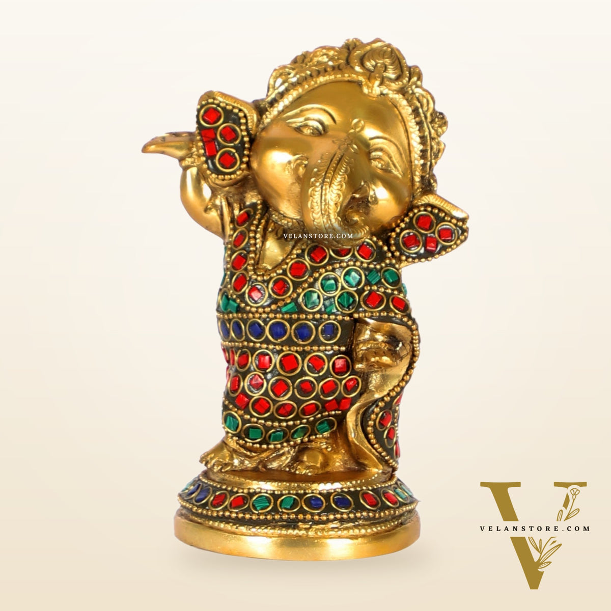 Baby Ganesha Dancing Brass Idol 5" Stonework and brass rings