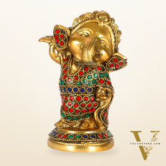 Baby Ganesha Dancing Brass Idol 5" Stonework and brass rings