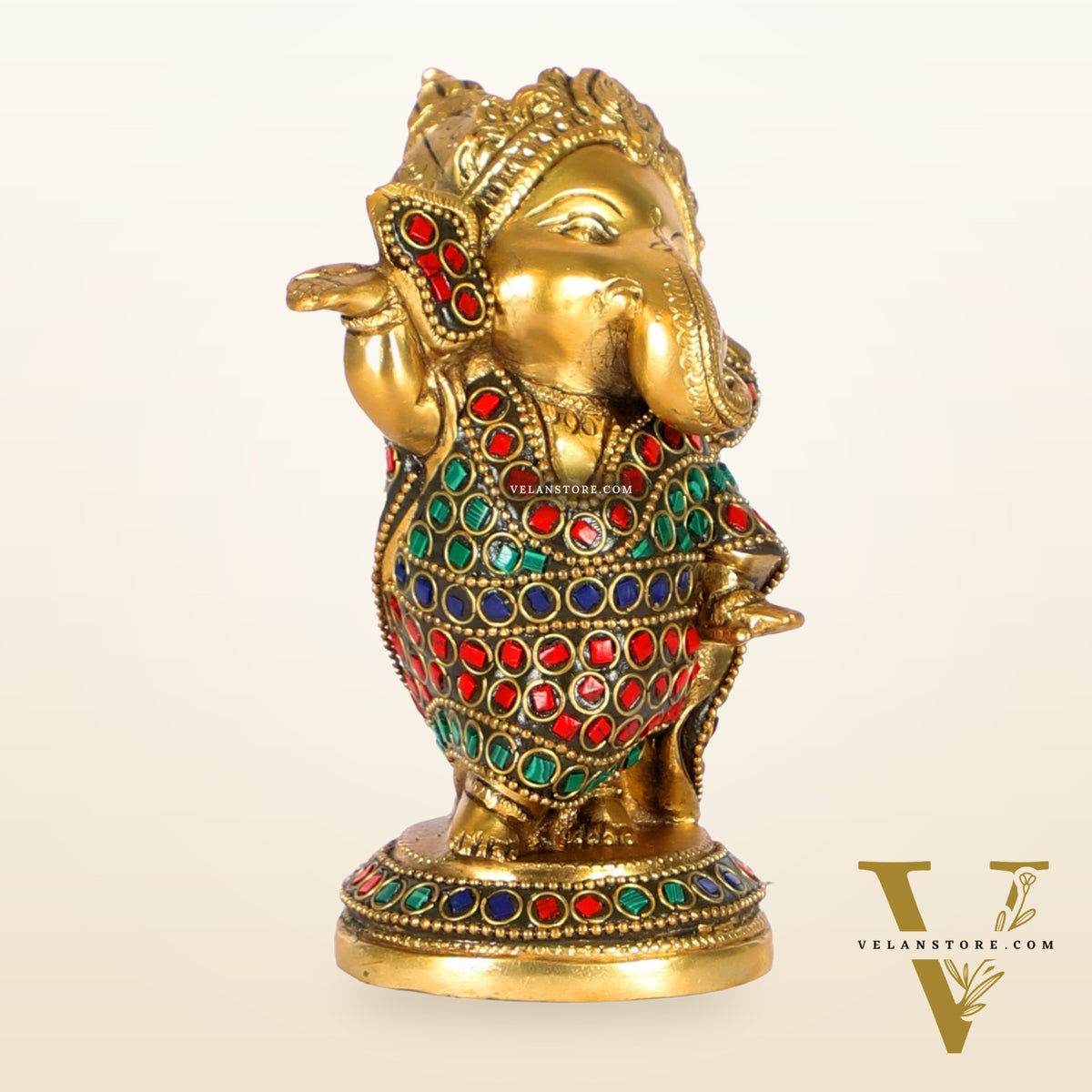 Baby Ganesha Dancing Brass Idol 5" Stonework and brass rings