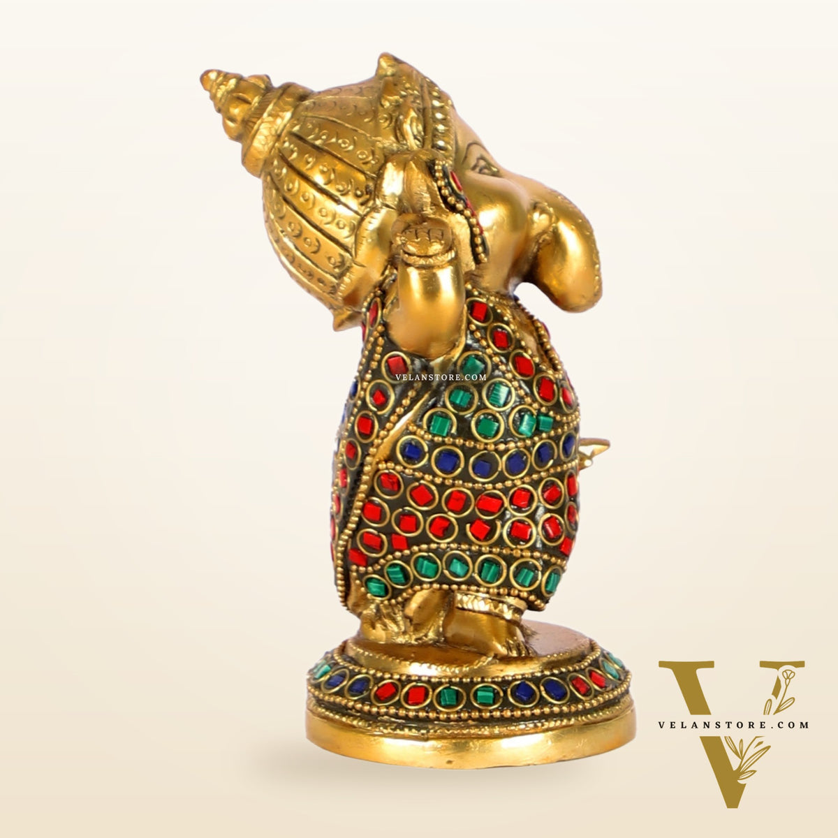 Baby Ganesha Dancing Brass Idol 5" Stonework and brass rings