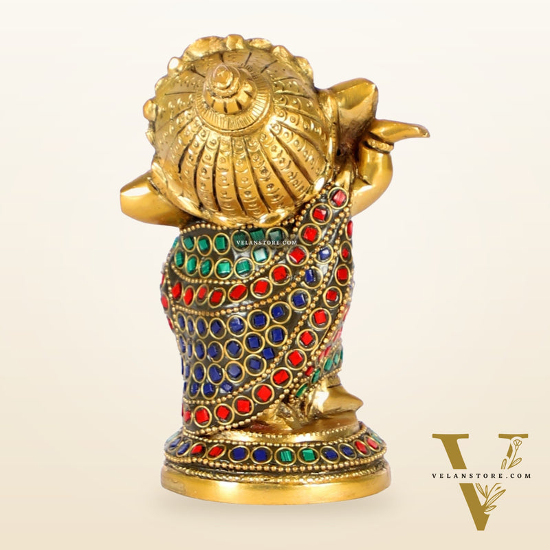 Baby Ganesha Dancing Brass Idol 5" Stonework and brass rings