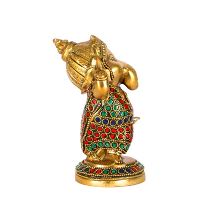 Baby Ganesha Dancing Brass Idol 5" Stonework and brass rings