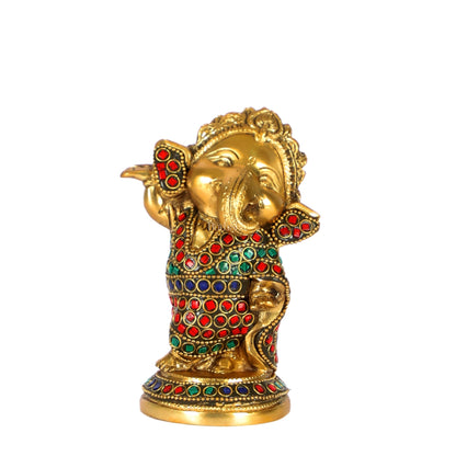 Baby Ganesha Dancing Brass Idol 5" Stonework and brass rings