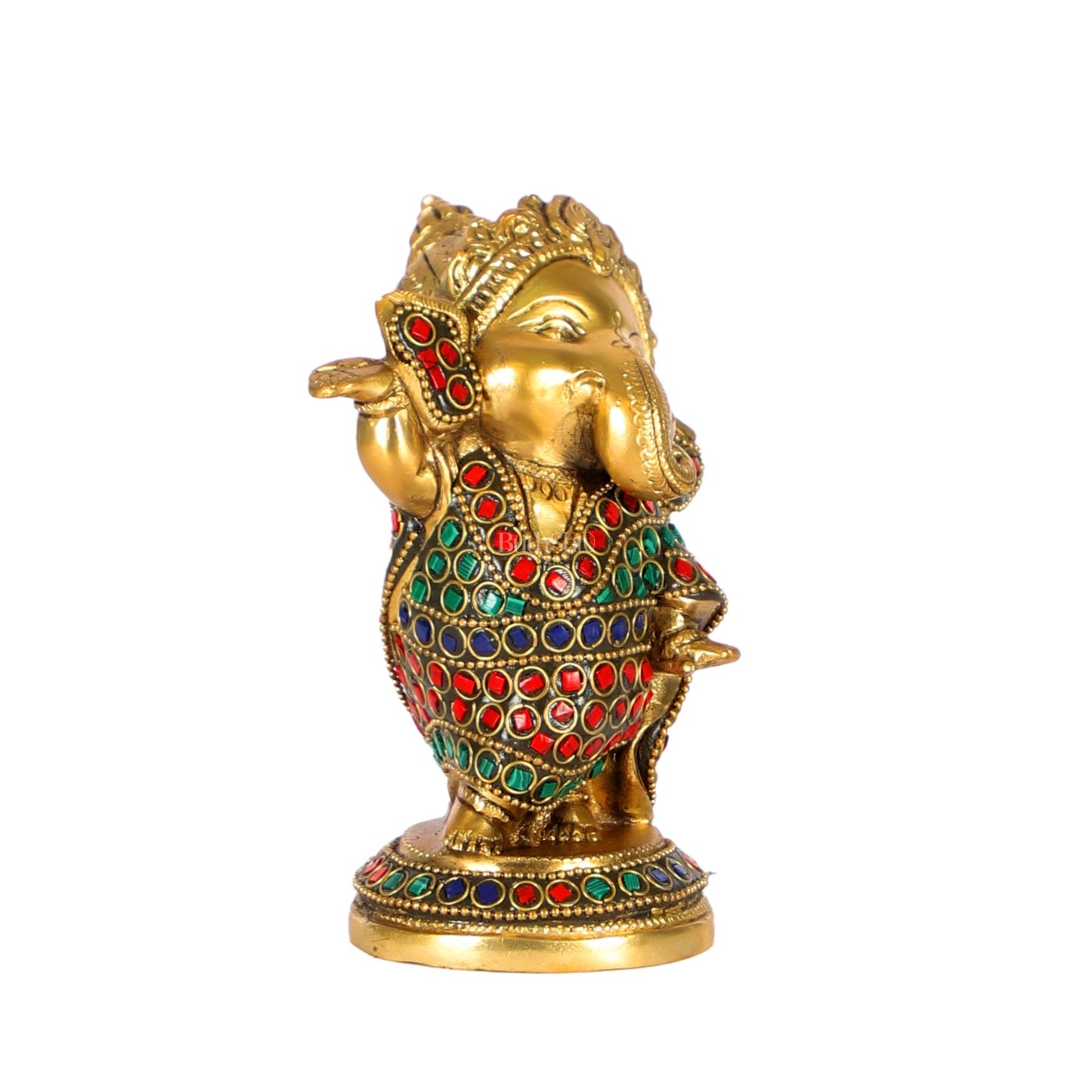 Baby Ganesha Dancing Brass Idol 5" Stonework and brass rings
