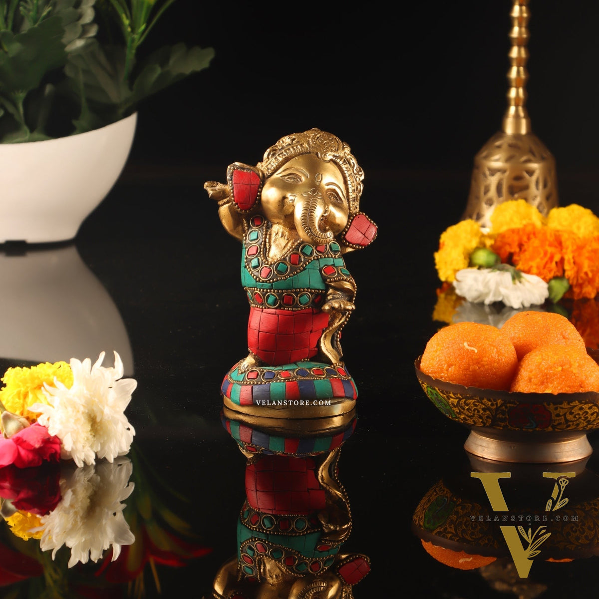 Baby Ganesha Dancing Brass Idol 5" Stonework