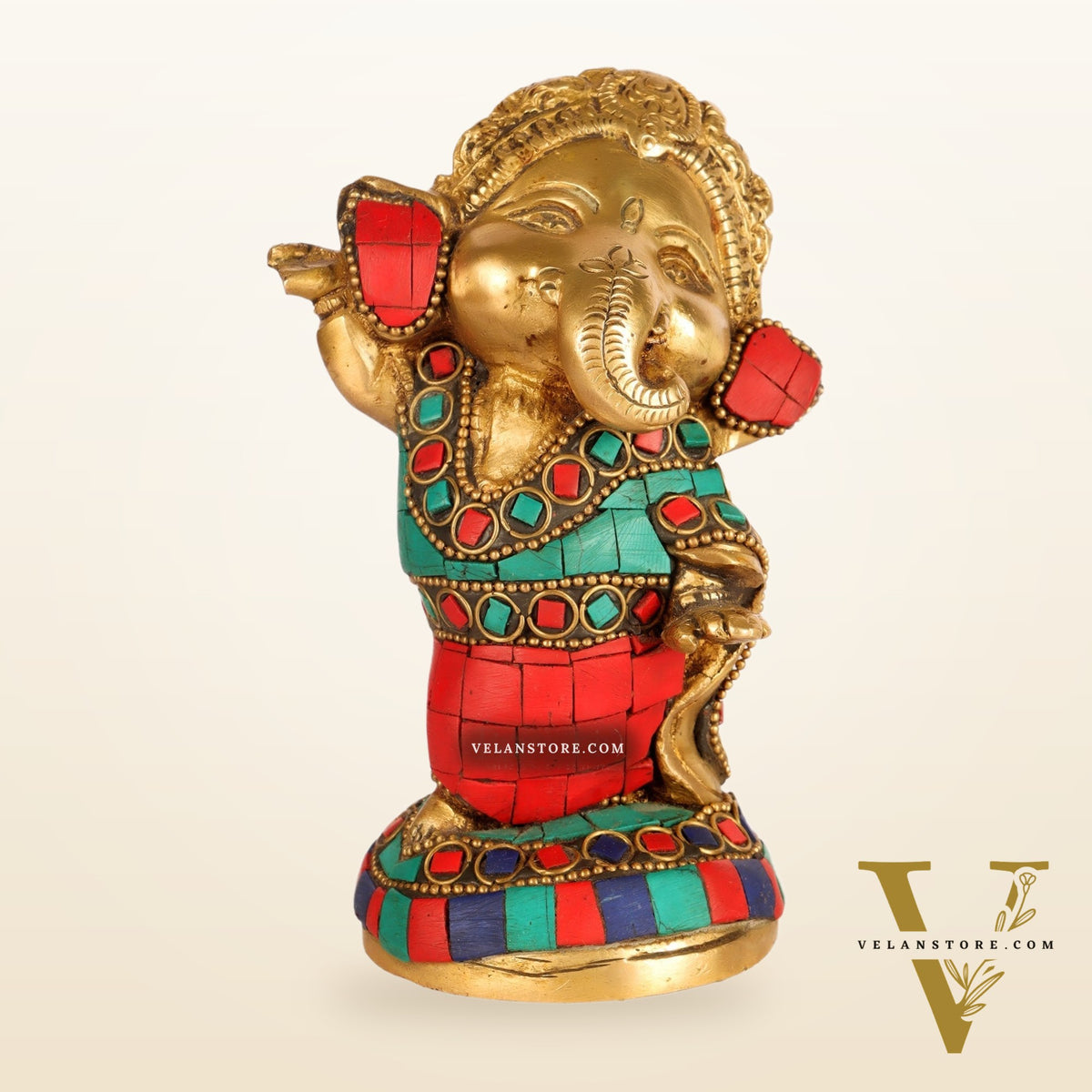 Baby Ganesha Dancing Brass Idol 5" Stonework