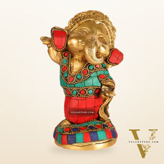 Baby Ganesha Dancing Brass Idol 5" Stonework