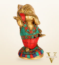 Baby Ganesha Dancing Brass Idol 5" Stonework