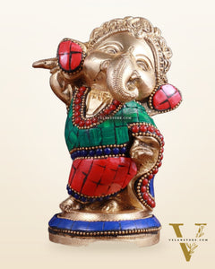 Baby Ganesha Dancing Brass Idol 5" Stonework