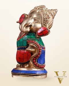 Baby Ganesha Dancing Brass Idol 5" Stonework