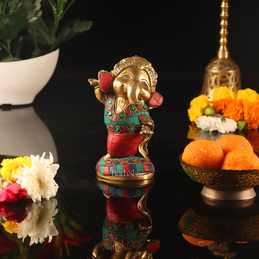 Baby Ganesha Dancing Brass Idol 5" Stonework