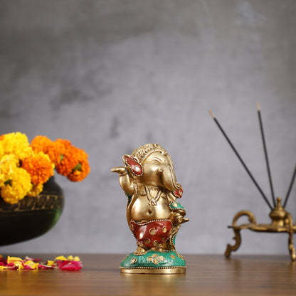 Baby Ganesha Dancing Brass Idol 5" Perfect for Office Desk, Study Table, Temple - stonework