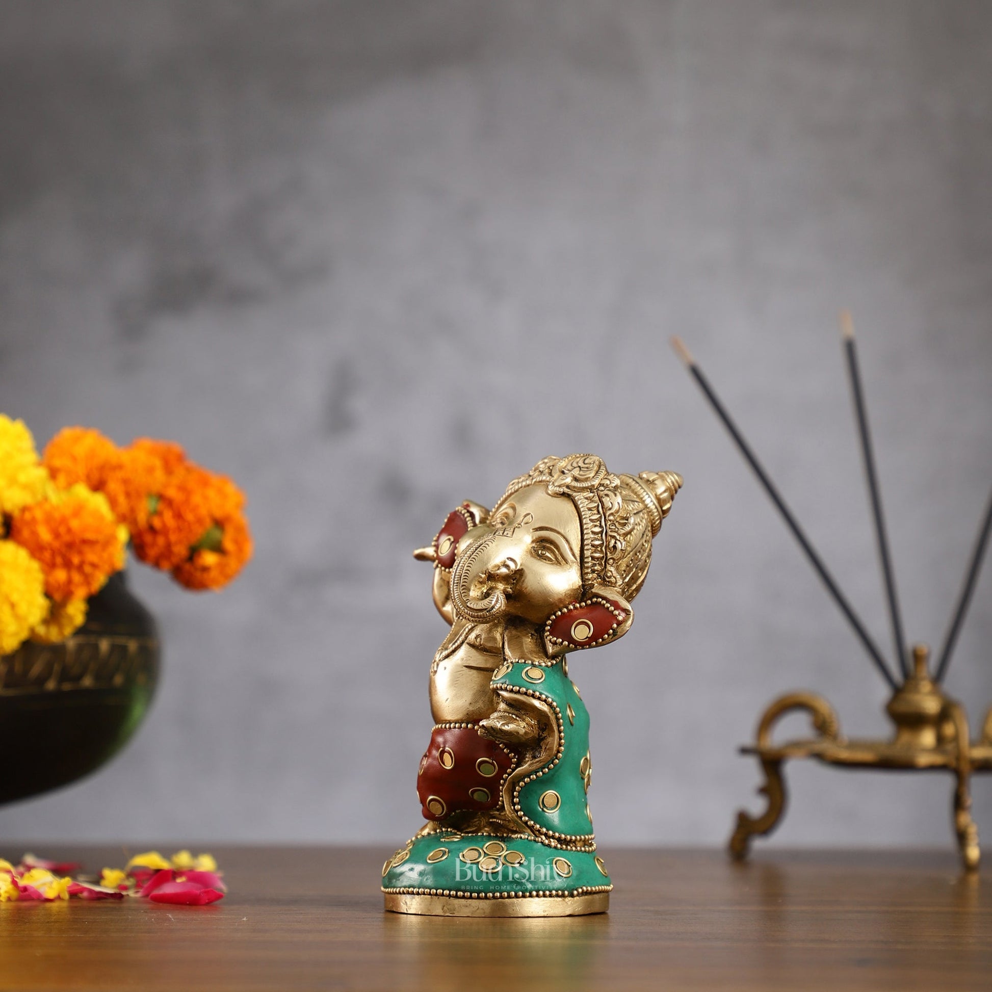 Baby Ganesha Dancing Brass Idol 5" Perfect for Office Desk, Study Table, Temple - stonework