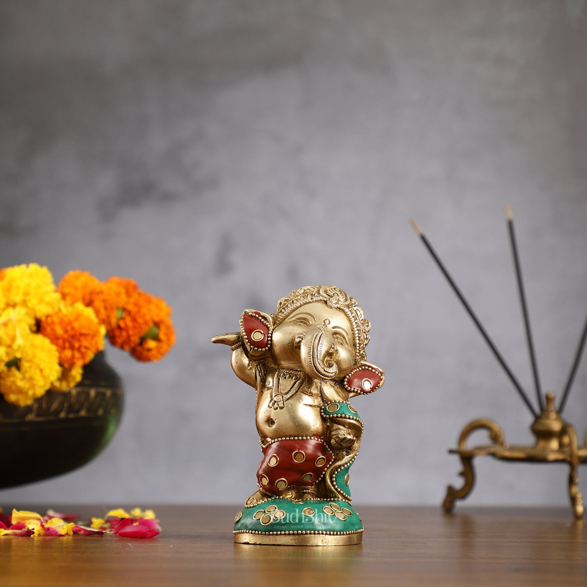 Baby Ganesha Dancing Brass Idol 5" Perfect for Office Desk, Study Table, Temple - stonework