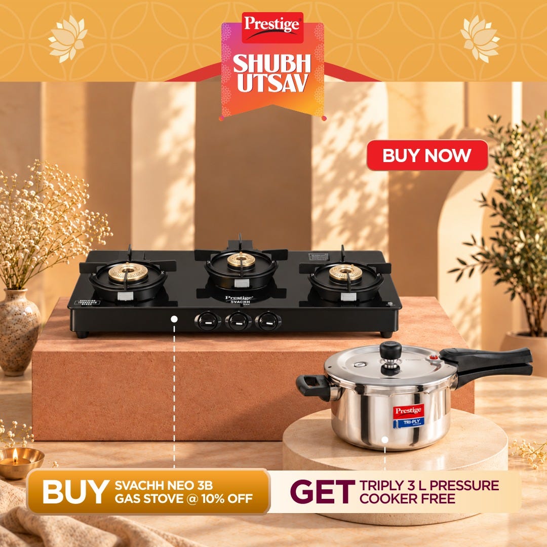 Prestige Svachh Neo 3 Burner Glass Top Gas Stove, Liftable Burners, Black, ISI + Prestige 3 Litre TRIPLY Svachh Outer Lid Pressure Cooker, Deep Lid for Spillage Control, Gas & Induction Compatible