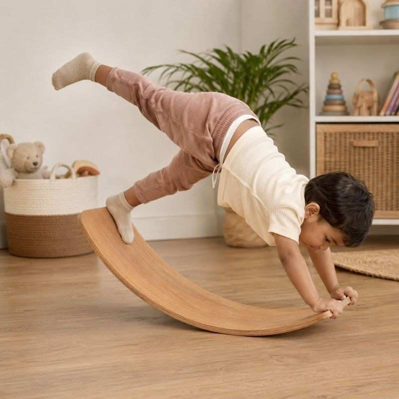 Natural Curved Wooden Balance Board for Kids – Wobble Rocker Board, Kinderboard