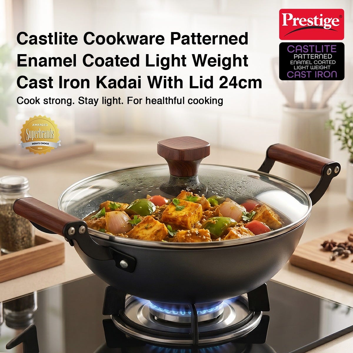 Prestige Castlite Patterned Enamel Coated Cast Iron Fry Pan 20cm/0.9L + Prestige Castlite Patterned Enamel Coated Cast Iron Kadai 24cm/2.4L with Glass Lid, Rust-Proof, Gas & Induction, 15Y Warranty