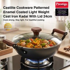 Prestige Castlite Patterned Enamel Coated Cast Iron Fry Pan 20cm/0.9L + Prestige Castlite Patterned Enamel Coated Cast Iron Kadai 24cm/2.4L with Glass Lid, Rust-Proof, Gas & Induction, 15Y Warranty
