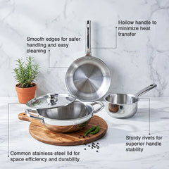 Prestige Electro Duo Infrared and Induction Combi Cooktop + Prestige TRIPLY Splendid 4 Pc Cookware Set: Fry Pan 22cm, Kadai 22cm, Saucepan 14cm, SS Lid 24cm, Gas & Induction Compatible, 15Y Warranty