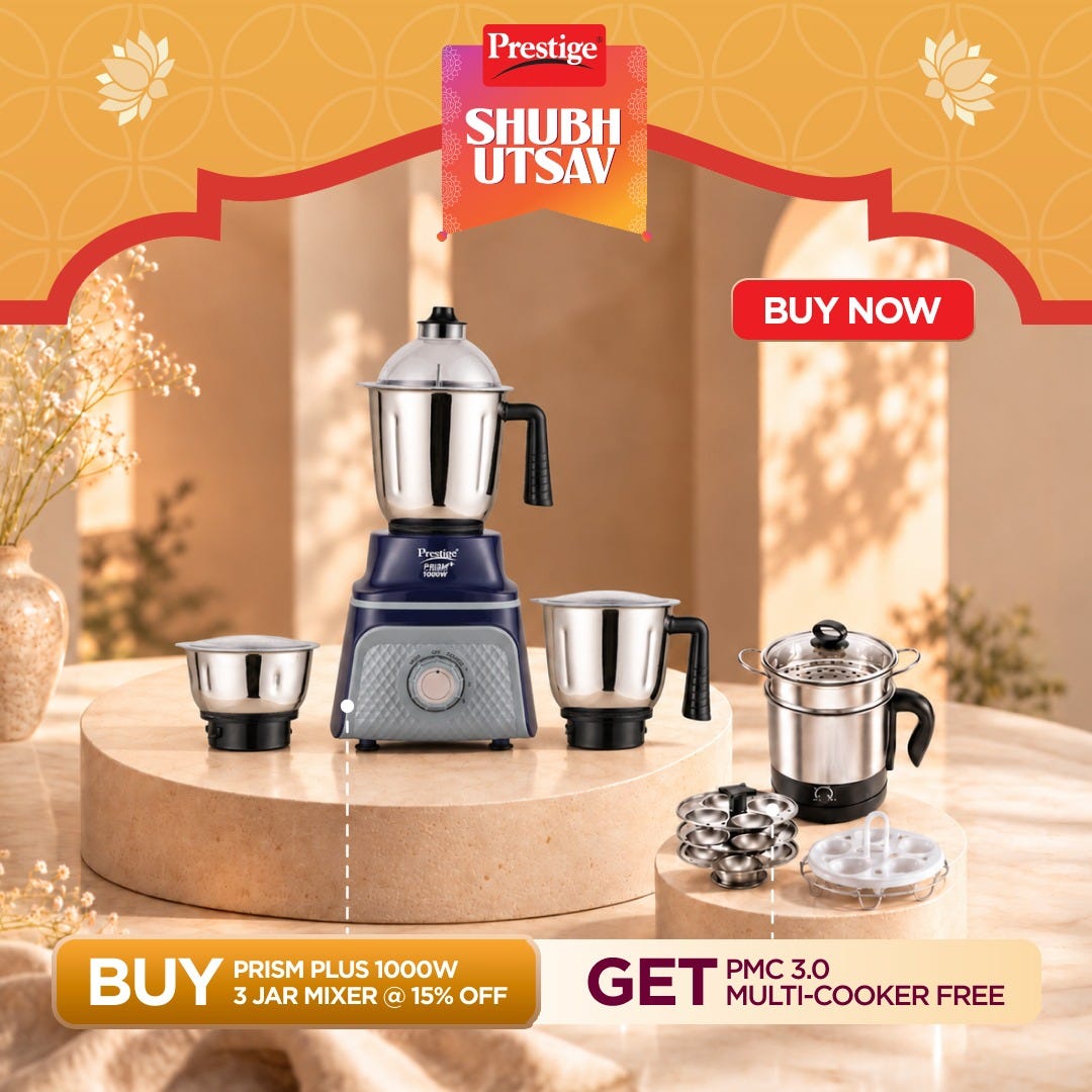 Prestige Prism Plus 1000W Mixer Grinder with 3 Stainless Steel Jars – 1.5L Wet Jar, 1.0L Dry Jar, 450ml Chutney Jar | 4-Speed Heavy Duty Motor, Prestige 1.5L PMC 3.0 Plus Multi Kettle / Multi Cooker