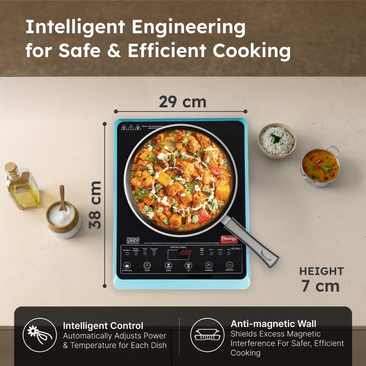 Prestige PIC 29.0 Induction Cooktop 2000W with Preset Indian Menu Options, Blue + Prestige TRIPLY Splendid 4 Pc Cookware Set: Fry Pan 22cm, Kadai 22cm, Saucepan 14cm, SS Lid 24cm, 15Y Warranty