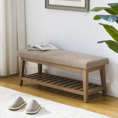 Ottoman Benches with Solid Wood Shelf, Storage Bench for Hallway, Living Room
