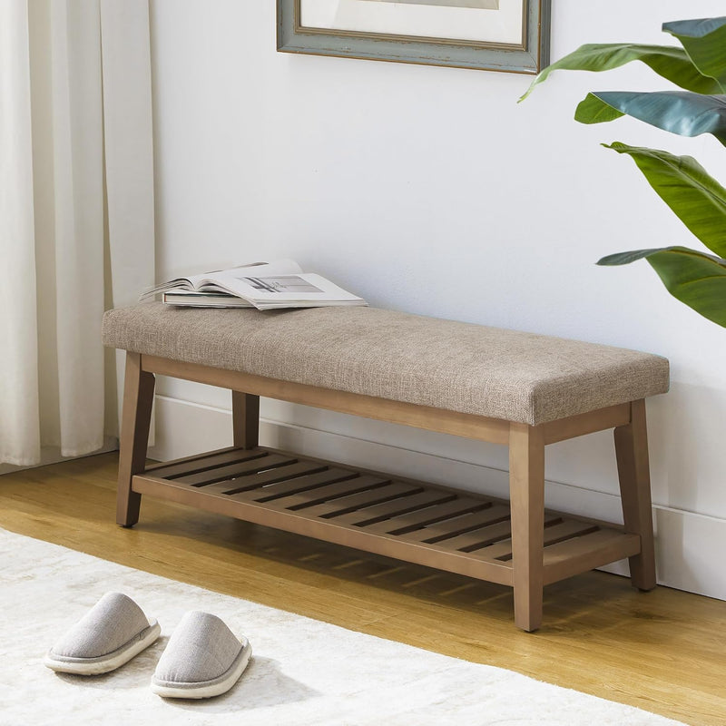 Ottoman Benches with Solid Wood Shelf, Storage Bench for Hallway, Living Room