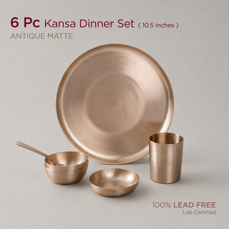 6-Piece Kansa Dinner Set • Matte Finish • Thali Size - 10.5" • 100% Lead-Free (कांसे का डिनर सेट)