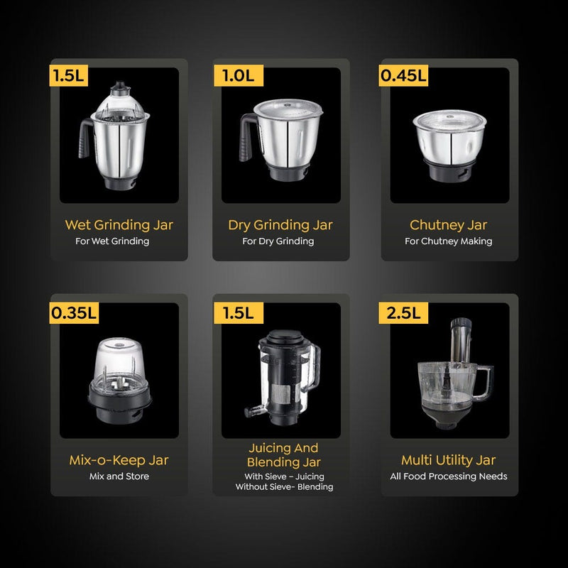 Prestige Endura Pro 1000W Multi Functional Mixer Grinder, Copper Motor, 6 Jars with Food Processing Attachments, 14-in-1, 5Y Motor Warranty + Prestige 1.5L PMC 3.0 Plus Multi Kettle / Multi Cooker