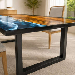 Handmade Blue Pebble Shore Ocean Wave Epoxy Resin Dining Table, Wooden Resin Coffee Table, Epoxy Beach Table, Layered Resin Wave Design with Realistic Water Movement Effect