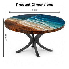 Custom Home Made Luxury Round Ocean Wave Epoxy Resin Dining Table with Black Metal Legs, River Kitchen Table | Natural Solid Wood, Blue Ocean Waves Epoxy Resin