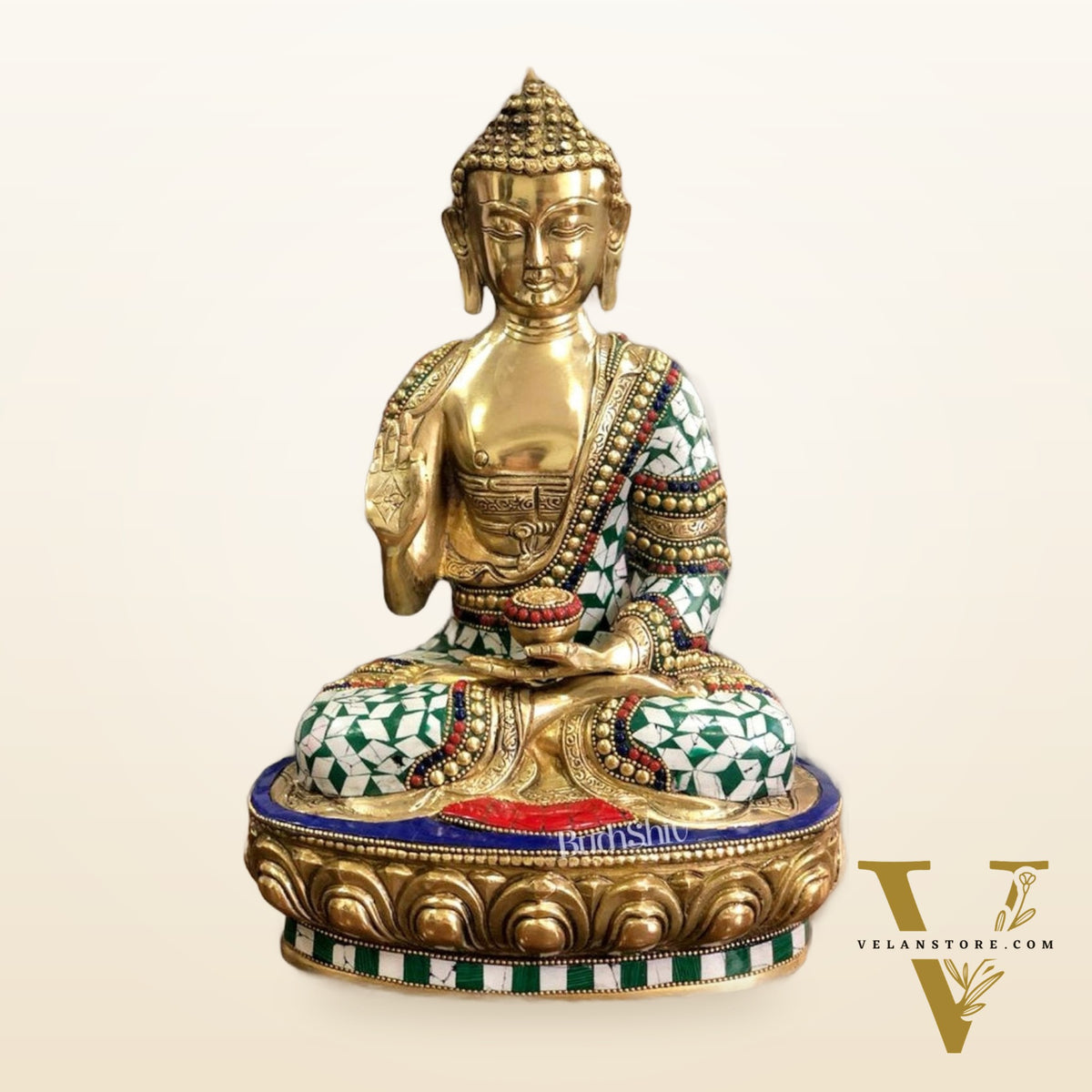 Beautiful Brass Buddha Statue with Stonework | 12" Tall
