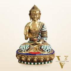 Beautiful Brass Buddha Statue with Stonework | 12" Tall
