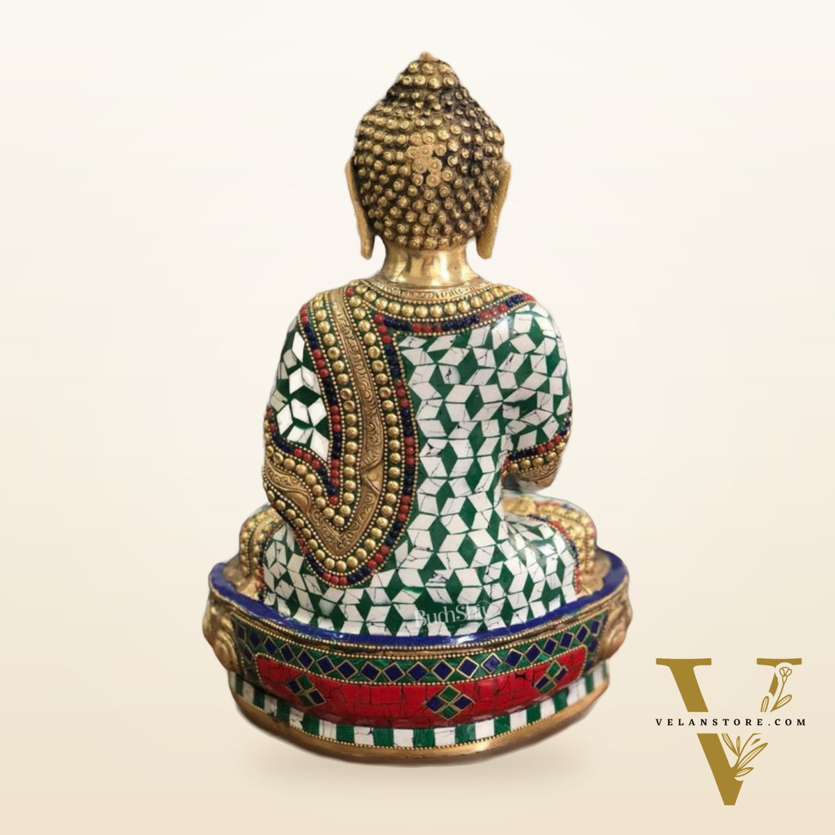 Beautiful Brass Buddha Statue with Stonework | 12" Tall
